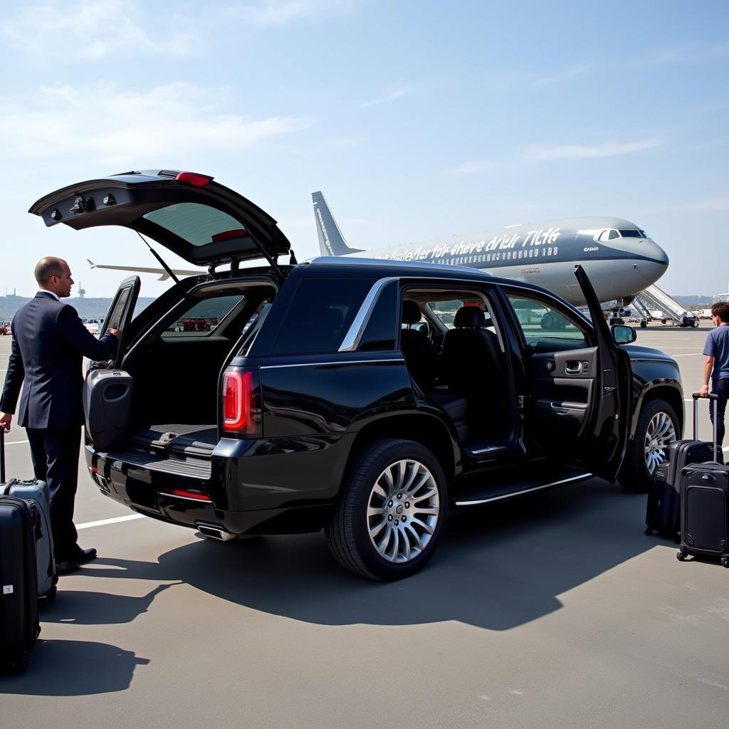 Group arriving at the airport and being greeted by their 8 passenger SUV car service.