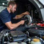 Mechanic inspecting a car during a 90,000 km service