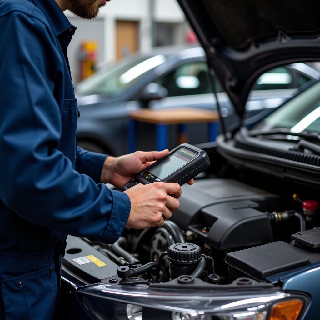 Mechanic inspecting a car engine during an A-1 car service appointment.