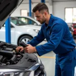 Mechanic inspecting a car engine in an AA certified car service center in Henderson