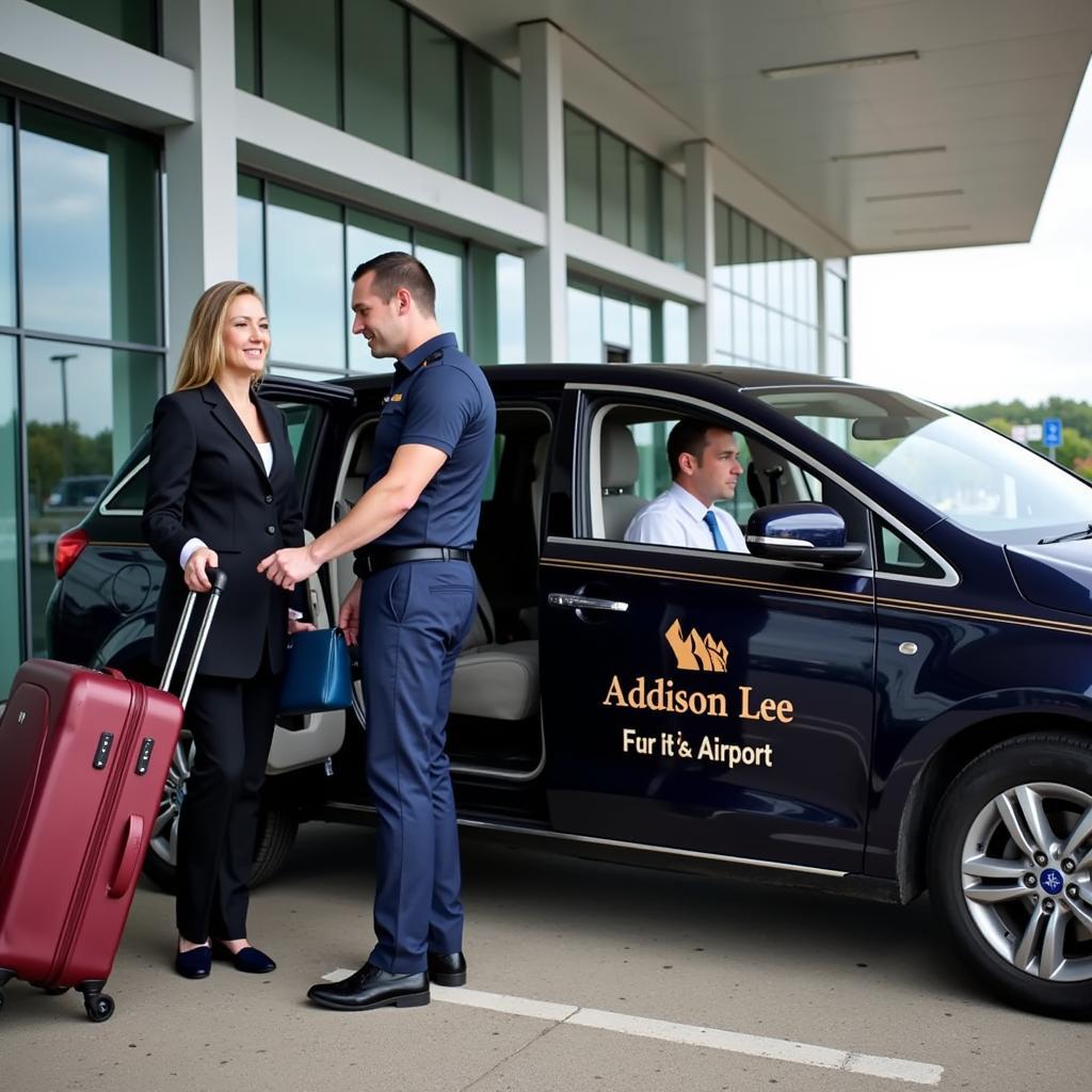 Addison Lee car service at the airport, assisting travelers with their luggage and providing a seamless transfer experience.