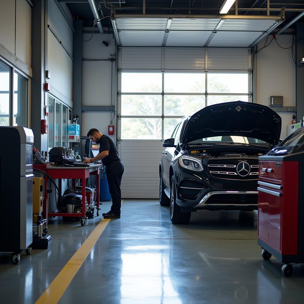 Mechanic Working on Car in Modern Repair Bay at Advantage Center