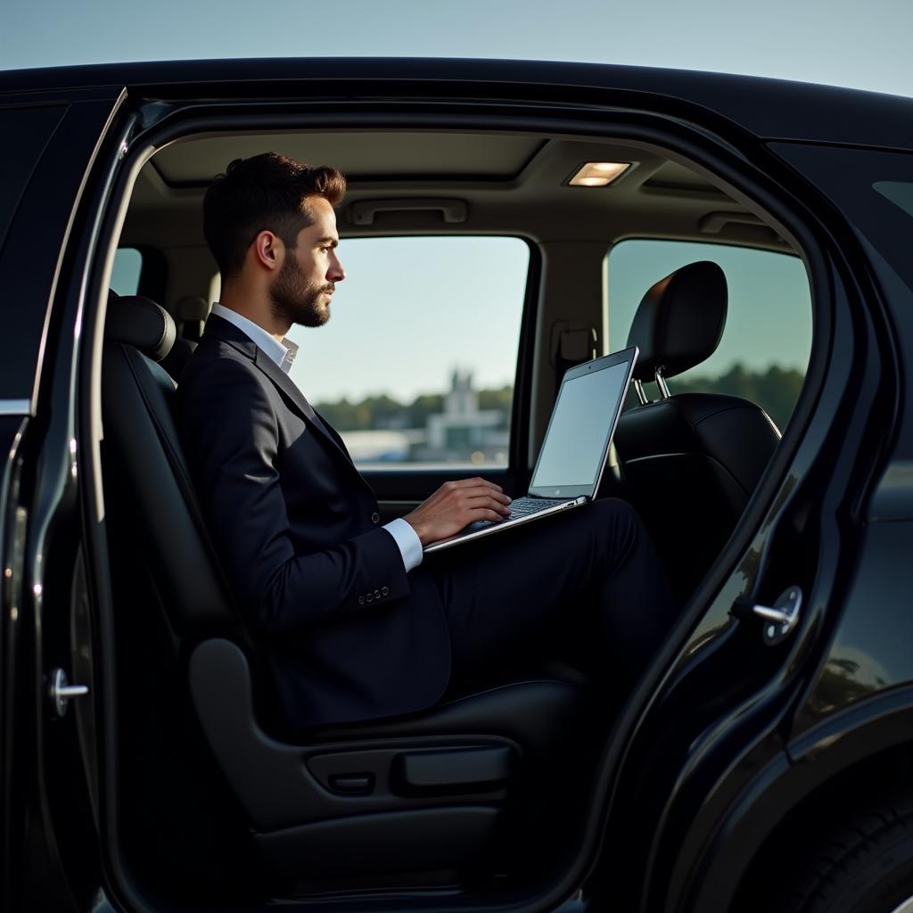 Business traveler using laptop in airport car service