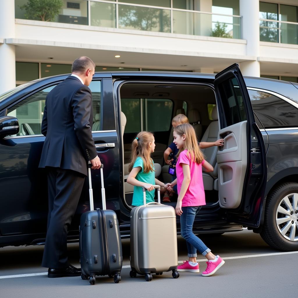 Family traveling with luggage in airport car service