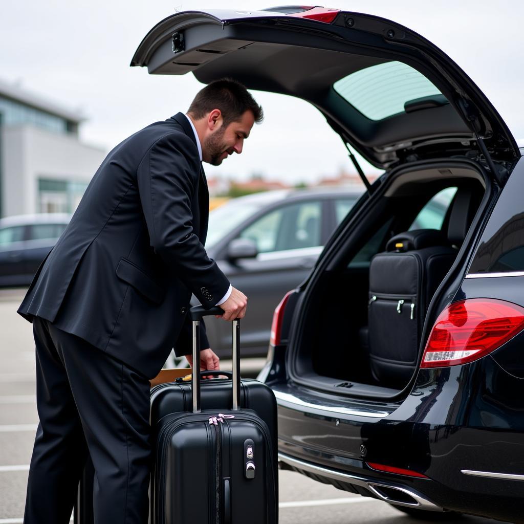 Chauffeur assisting passenger with luggage.