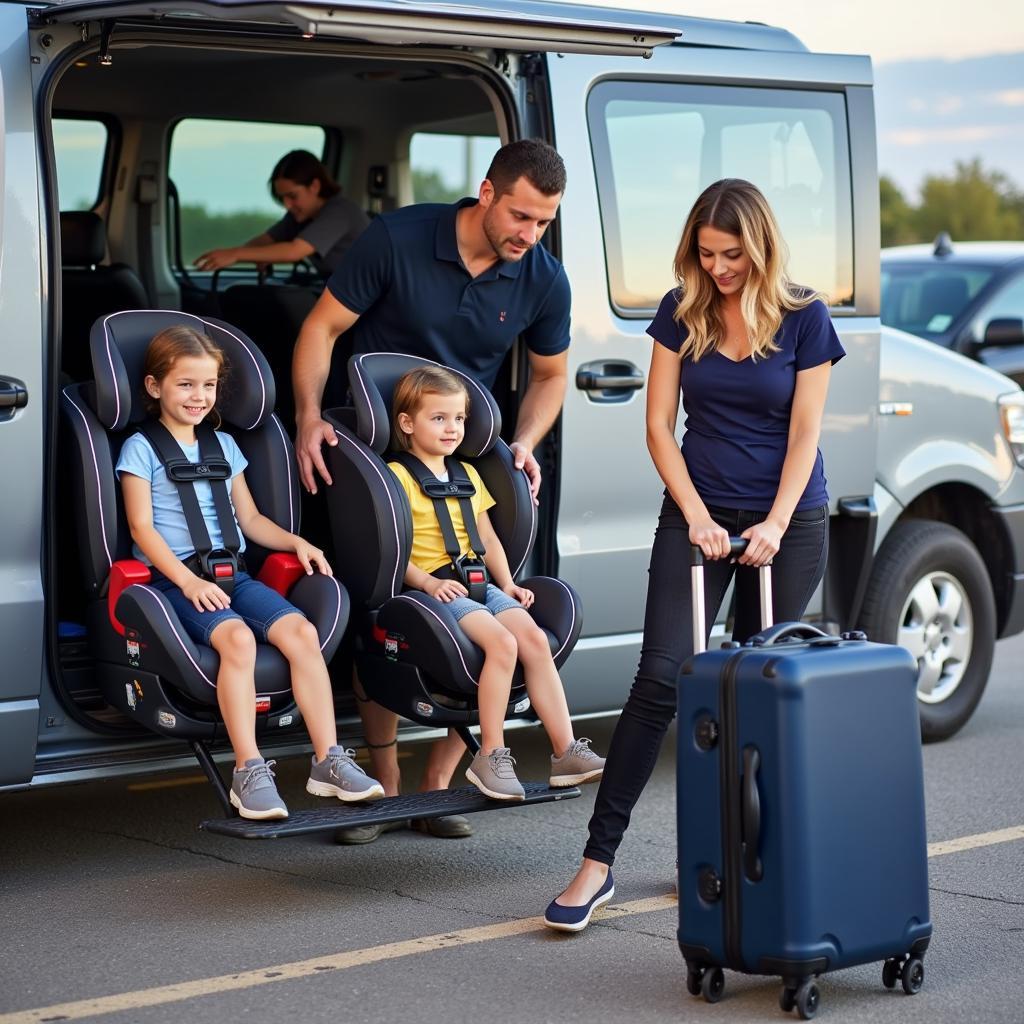 Family arriving at the airport using a shuttle service with car seats