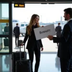 Traveler arriving at the airport being greeted by a chauffeur