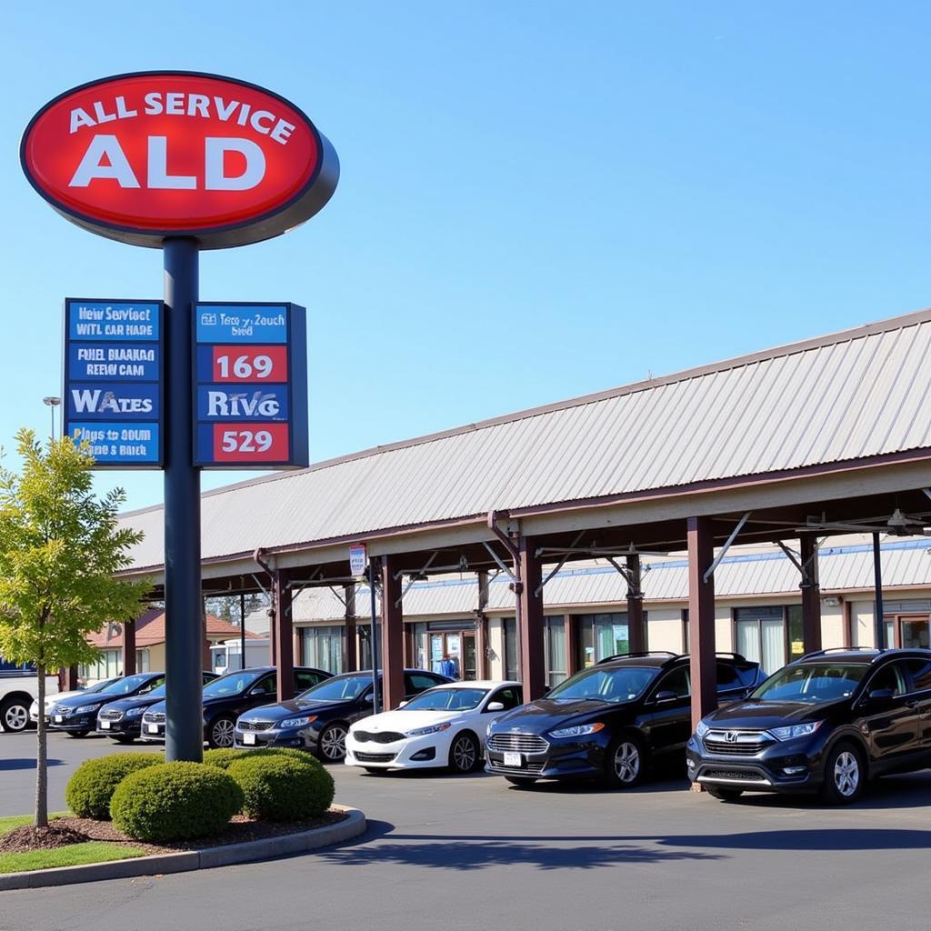 Exterior view of an all-service car wash with multiple bays and signage.