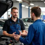 Customer Interacting with a Mechanic at an Altrincham Car Service Centre