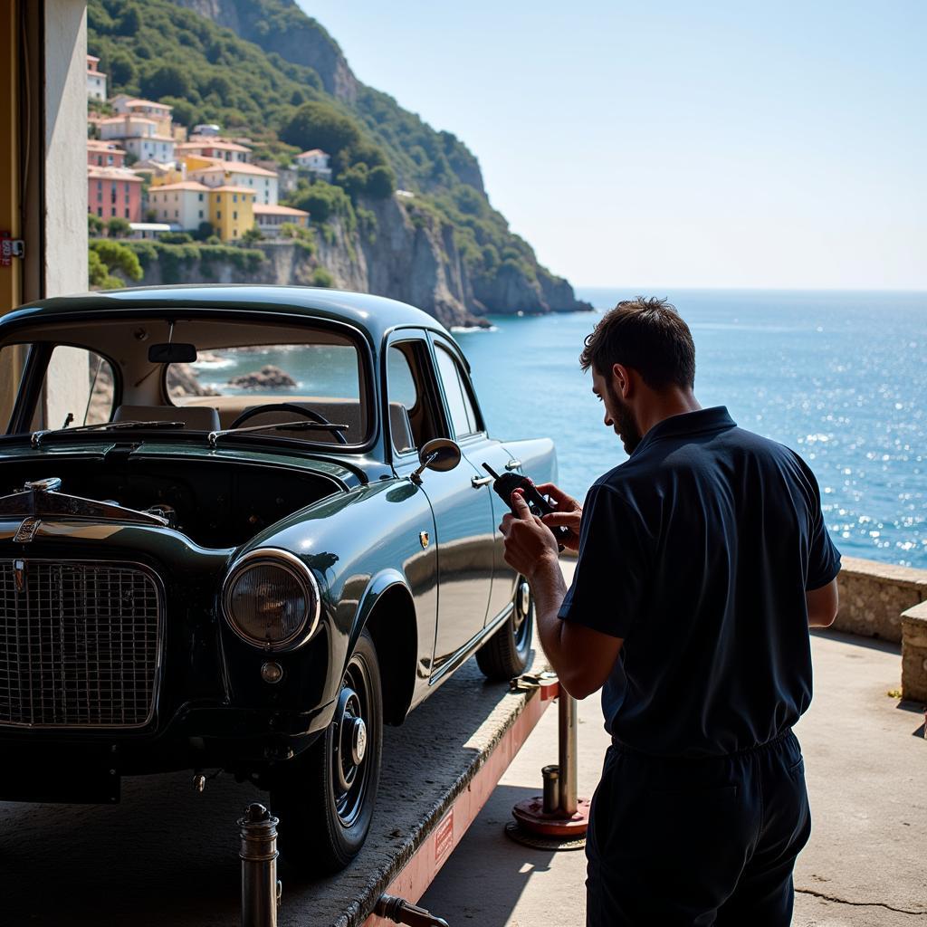 Mechanic performing car repair on the Amalfi Coast.