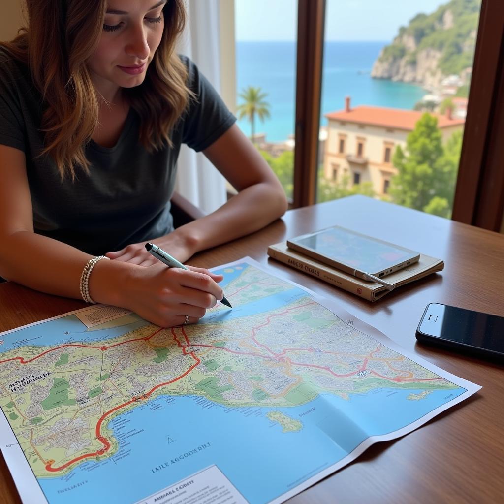 Planning a road trip along the Amalfi Coast with a map and travel guide.