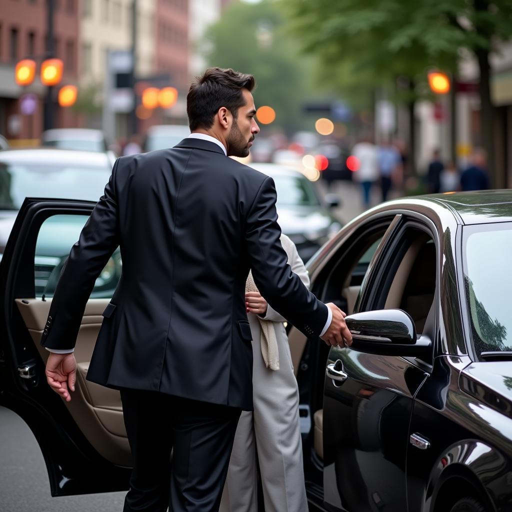 Professional Chauffeur: A chauffeur in a suit opens the car door for a client.