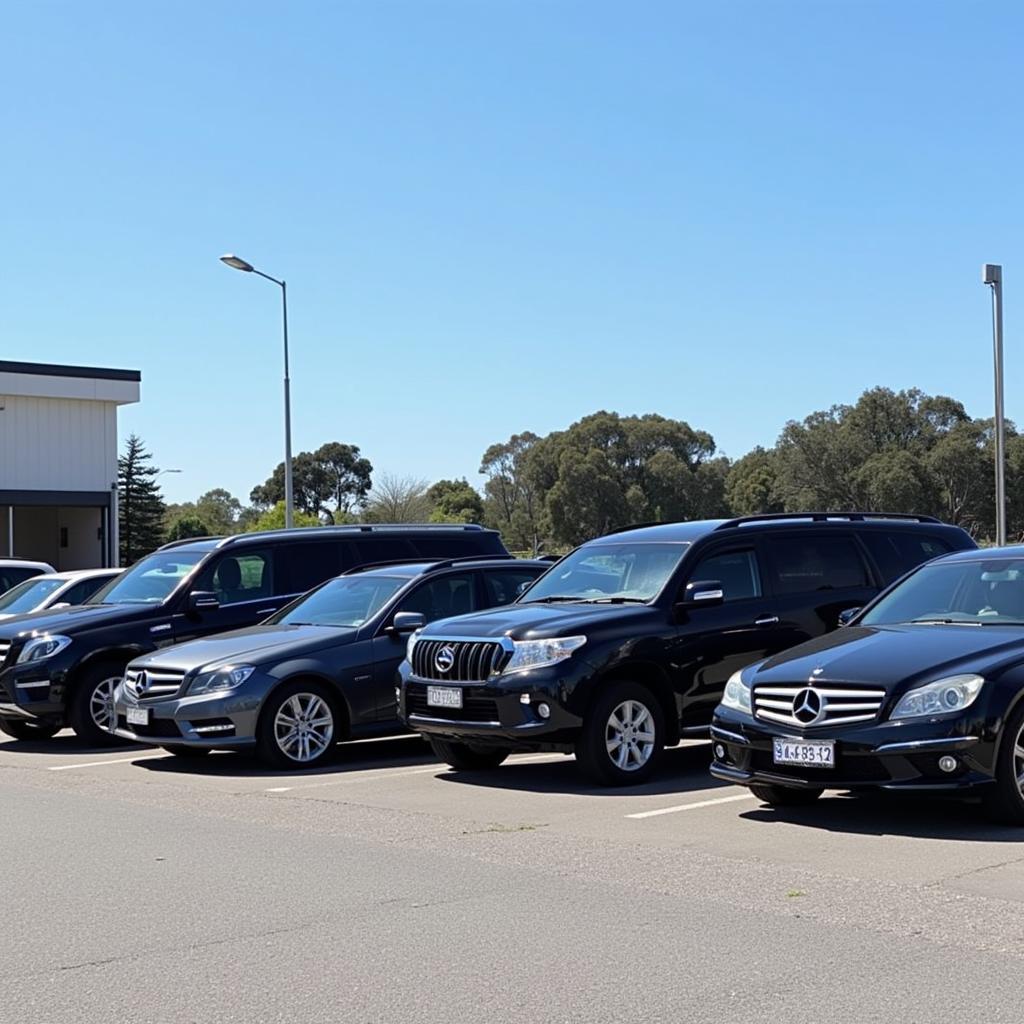 Variety of car service vehicles parked at airport curbside