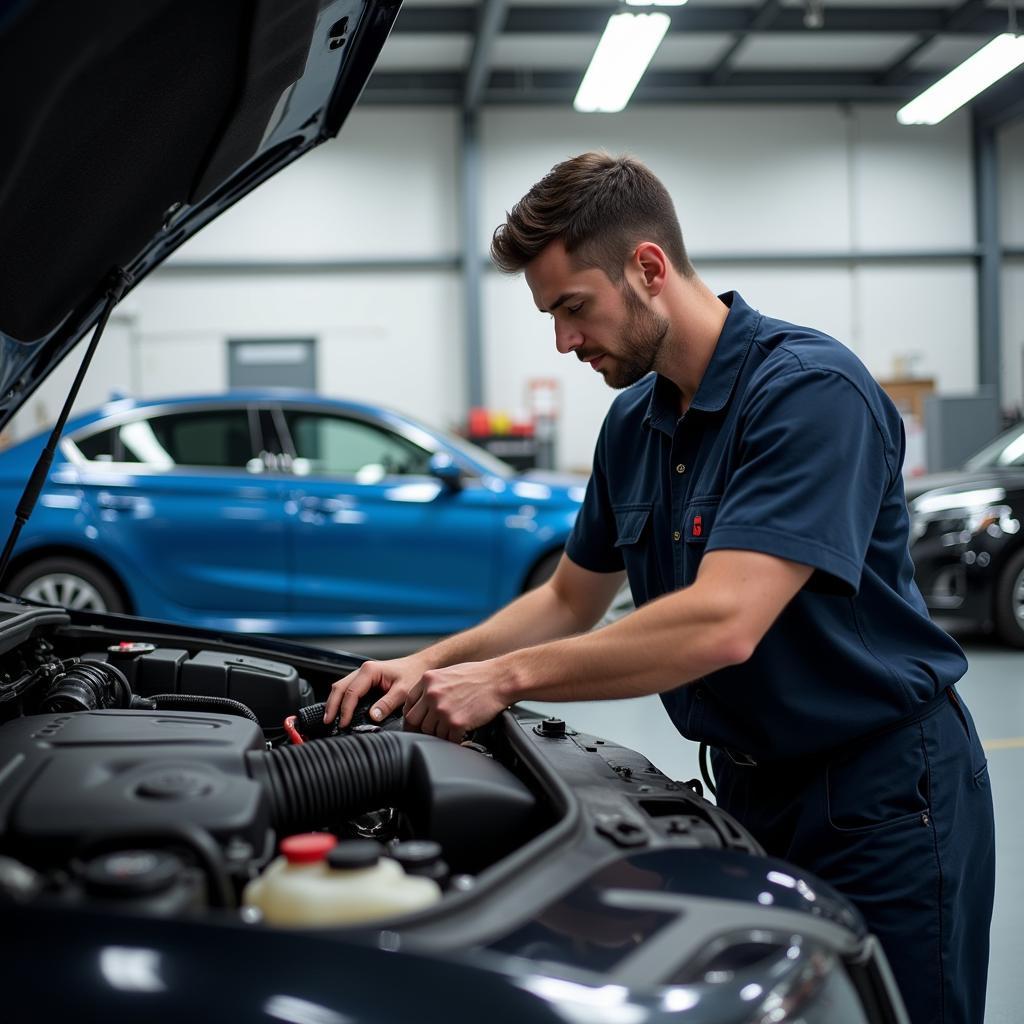 Experienced Technician Performing Engine Work in a Modern Auto Service Center