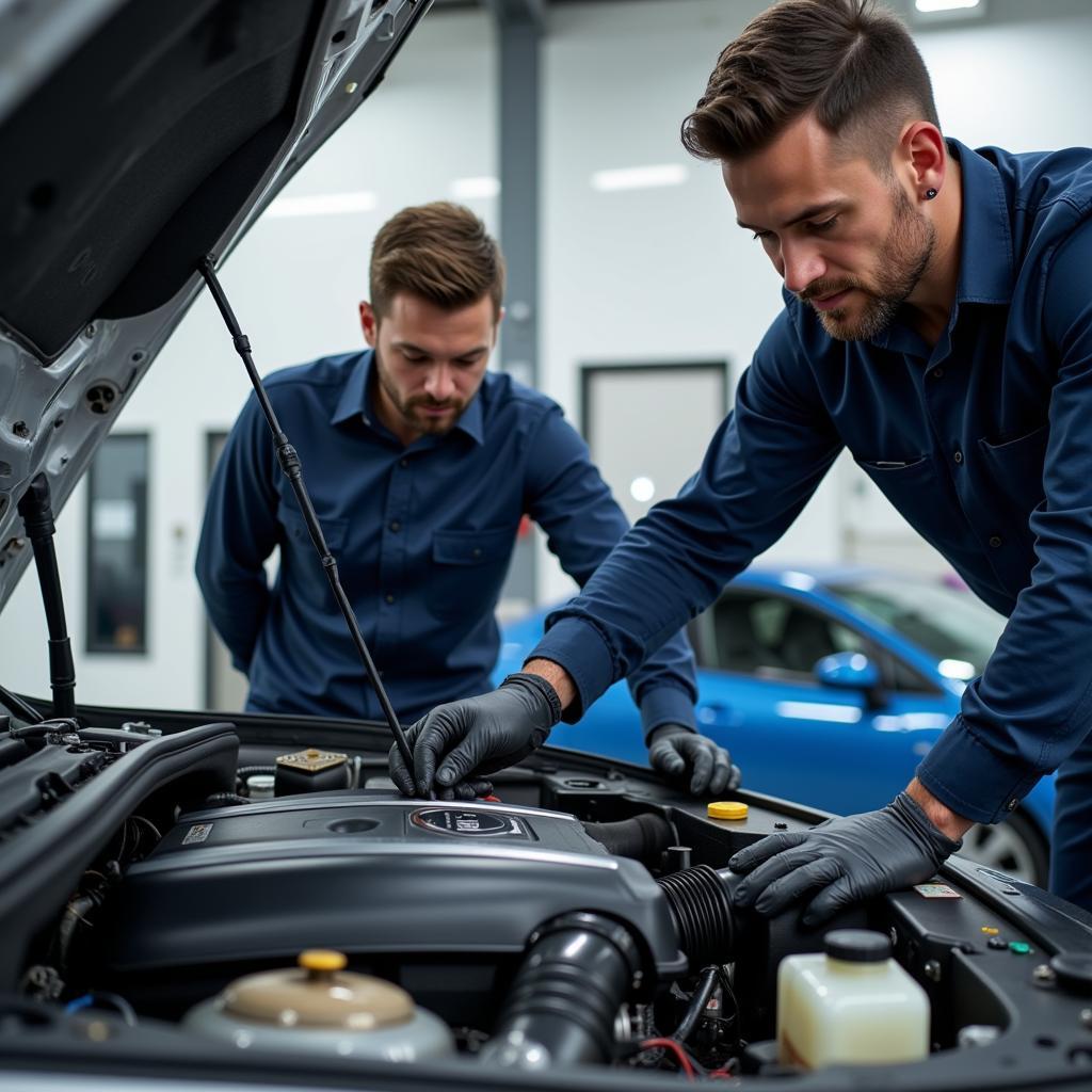 Certified Technicians Working on a Car Engine