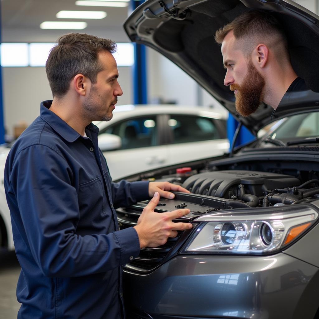 Customer talking to a mechanic in a Basildon car service center