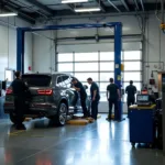 Modern auto service bay at BC Cars with technicians working on a vehicle