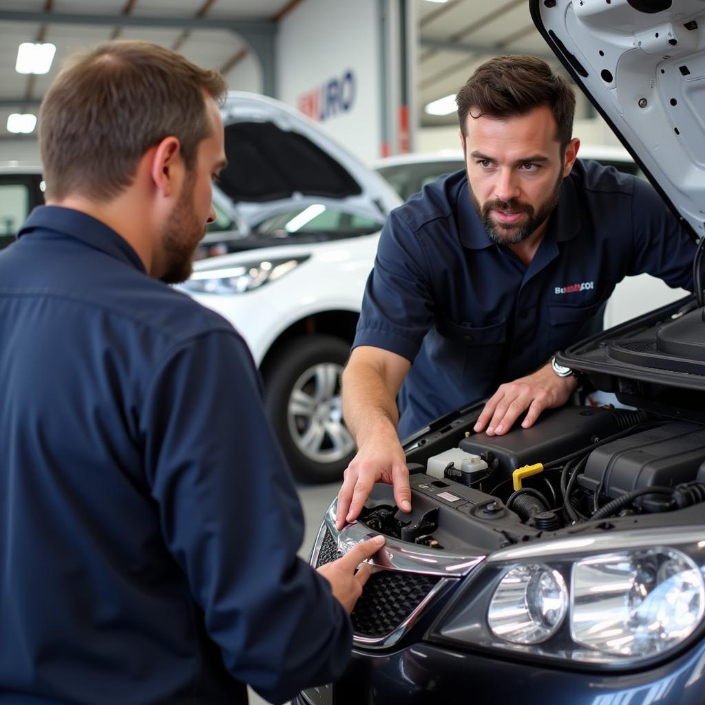 Mechanic Explaining Car Issue to Customer in Beaumaris