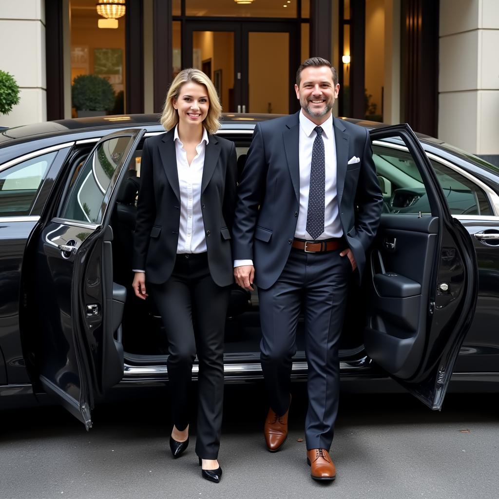 Business professionals exiting a car service vehicle in Washington DC for a meeting.