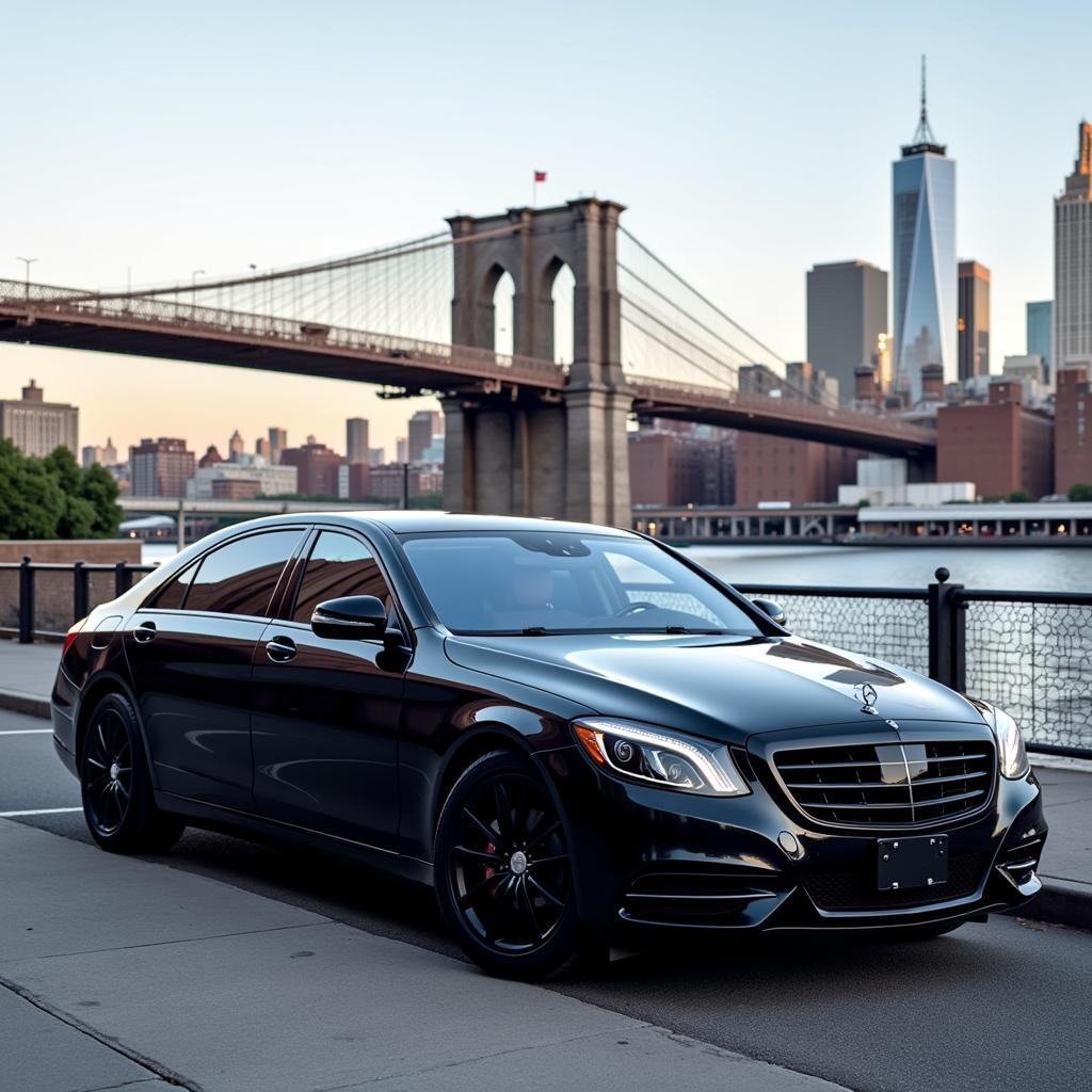 Luxury sedan parked in front of Brooklyn Bridge representing best car service.