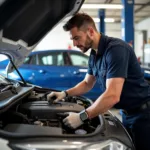 Mechanic working on a car engine in a Hounslow car service garage