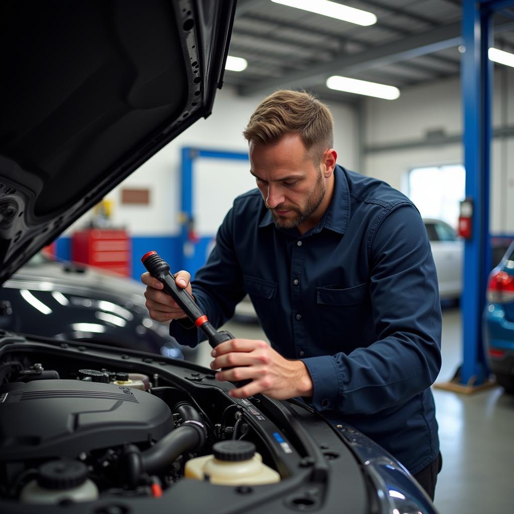 Mechanic Checking Engine in a Reading Garage