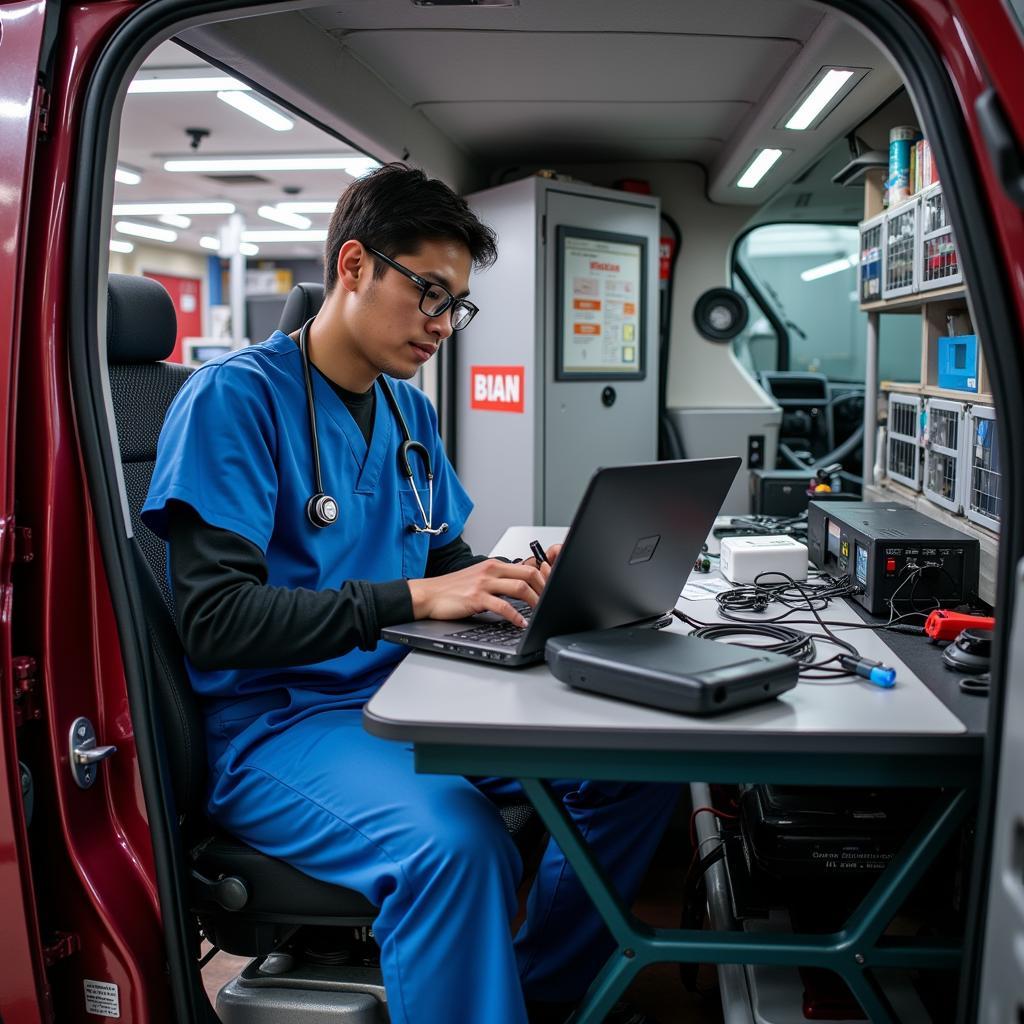 Biomedical Technician Working in Field Service Car