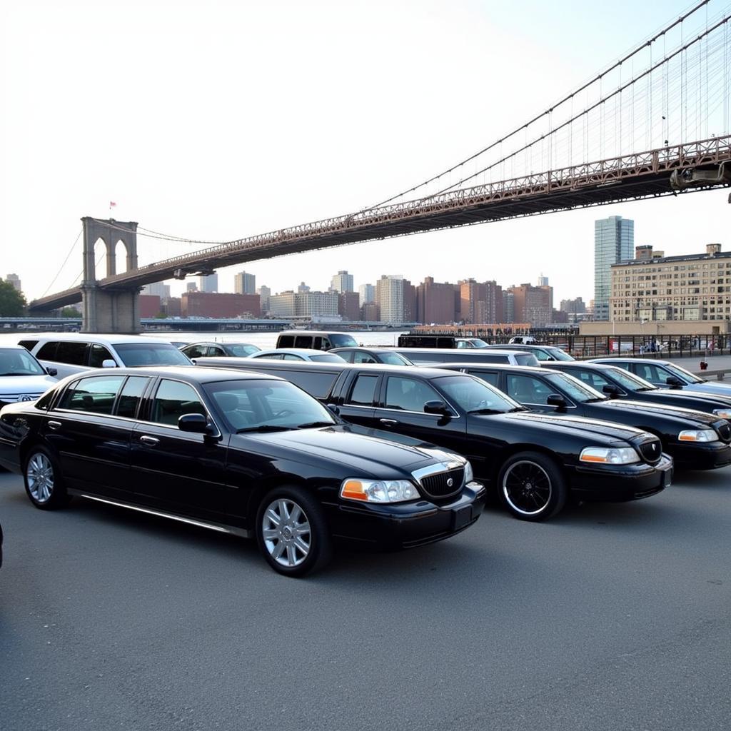 A diverse fleet of black cars parked in front of the Brooklyn Bridge.