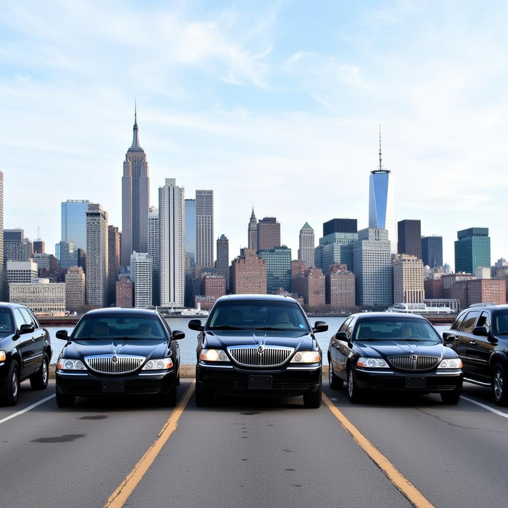 A fleet of sleek black cars parked in front of the New York City skyline.