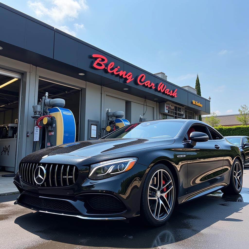 Exterior of a bling car wash service showing a clean, shiny car and modern equipment.