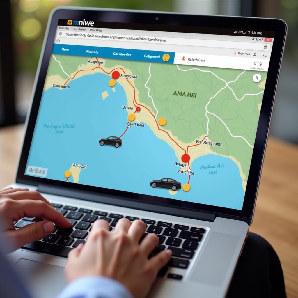 Booking Car Service Online: A person using a laptop to book a car service from Positano to Naples Airport, with a map of the Amalfi Coast in the background.