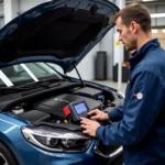 Bosch Car Service Certified Technician working on a modern car engine with advanced diagnostic tools.