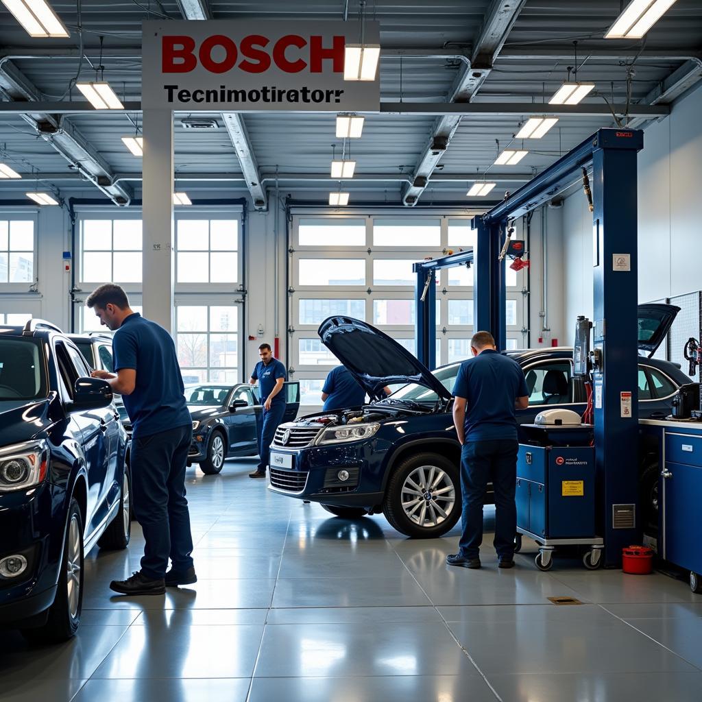 Bosch Car Service Tecnimotor Workshop - A modern, well-equipped auto repair shop with Bosch branding prominently displayed.  Technicians are working on a vehicle using advanced diagnostic tools.  The image showcases the professionalism and technical expertise associated with Bosch Car Service Tecnimotor.