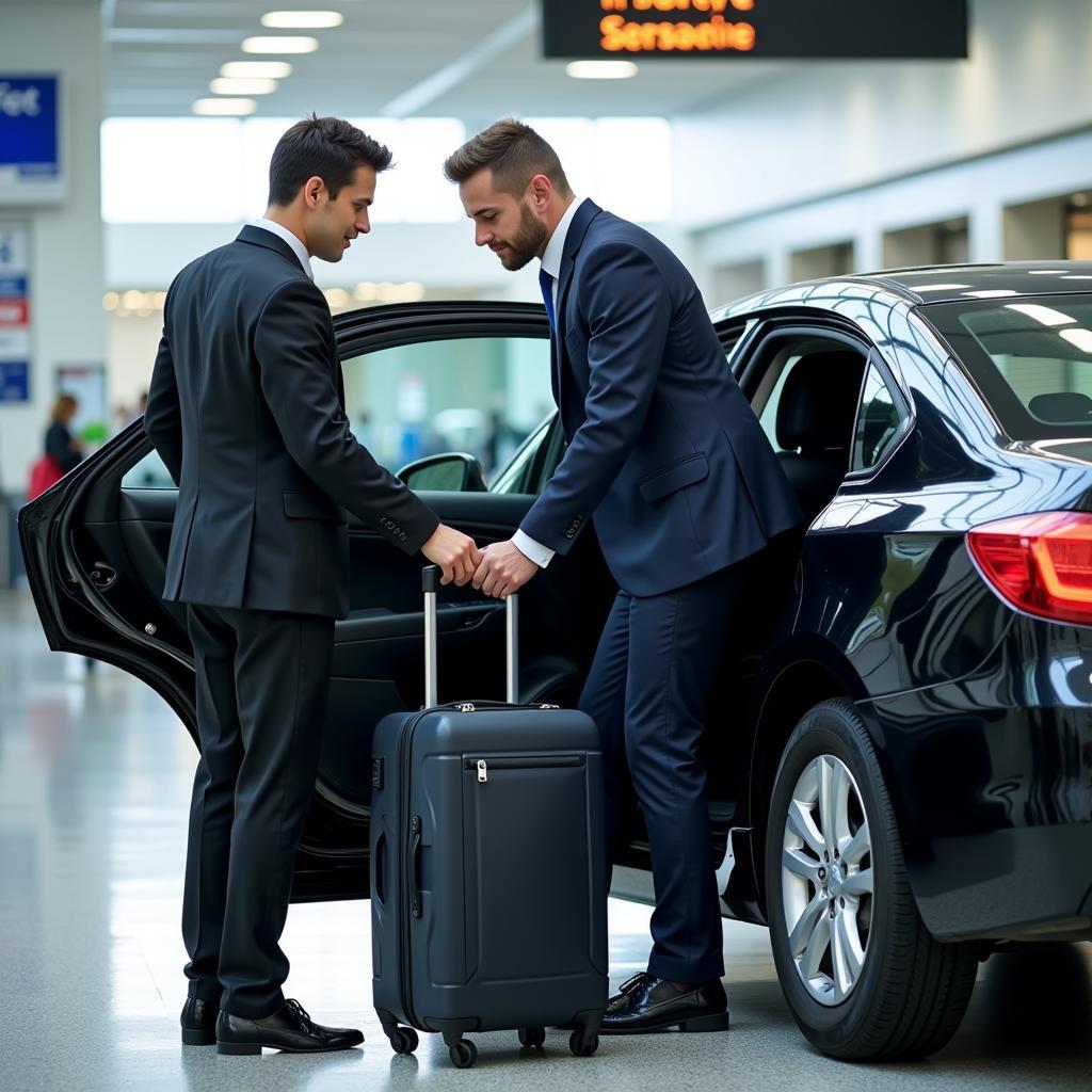 A chauffeur assisting a passenger with luggage at Boston Logan Airport.