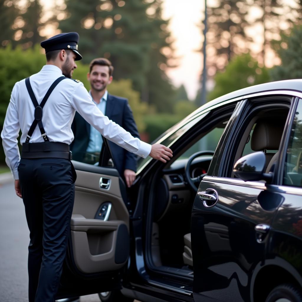 Boston Luxury Car Service Chauffeur - A professional chauffeur in uniform opens the door of a luxury sedan, ready to provide a premium transportation experience in Boston.