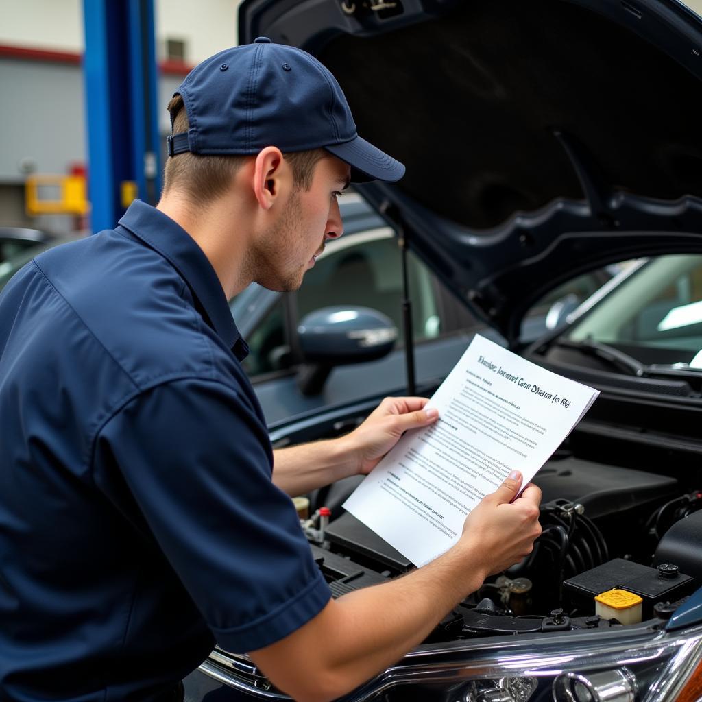 Mechanic using a checklist during a car service