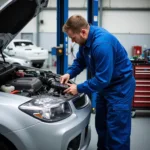 Mechanic inspecting a car during a full service at a Bridgend garage