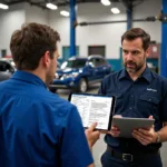 Customer discussing car repair with a service advisor in Bridgeport CT