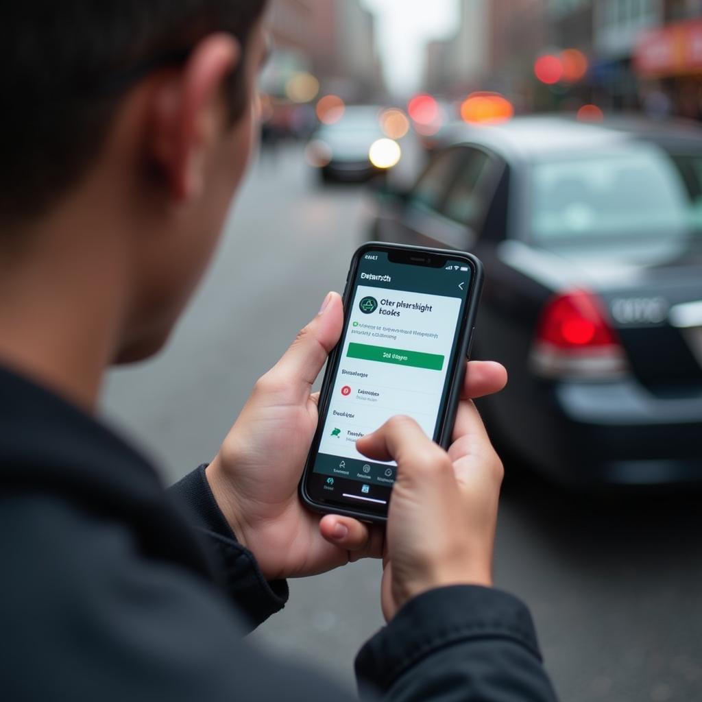 Person booking a car service on their phone via a mobile app in Brooklyn.