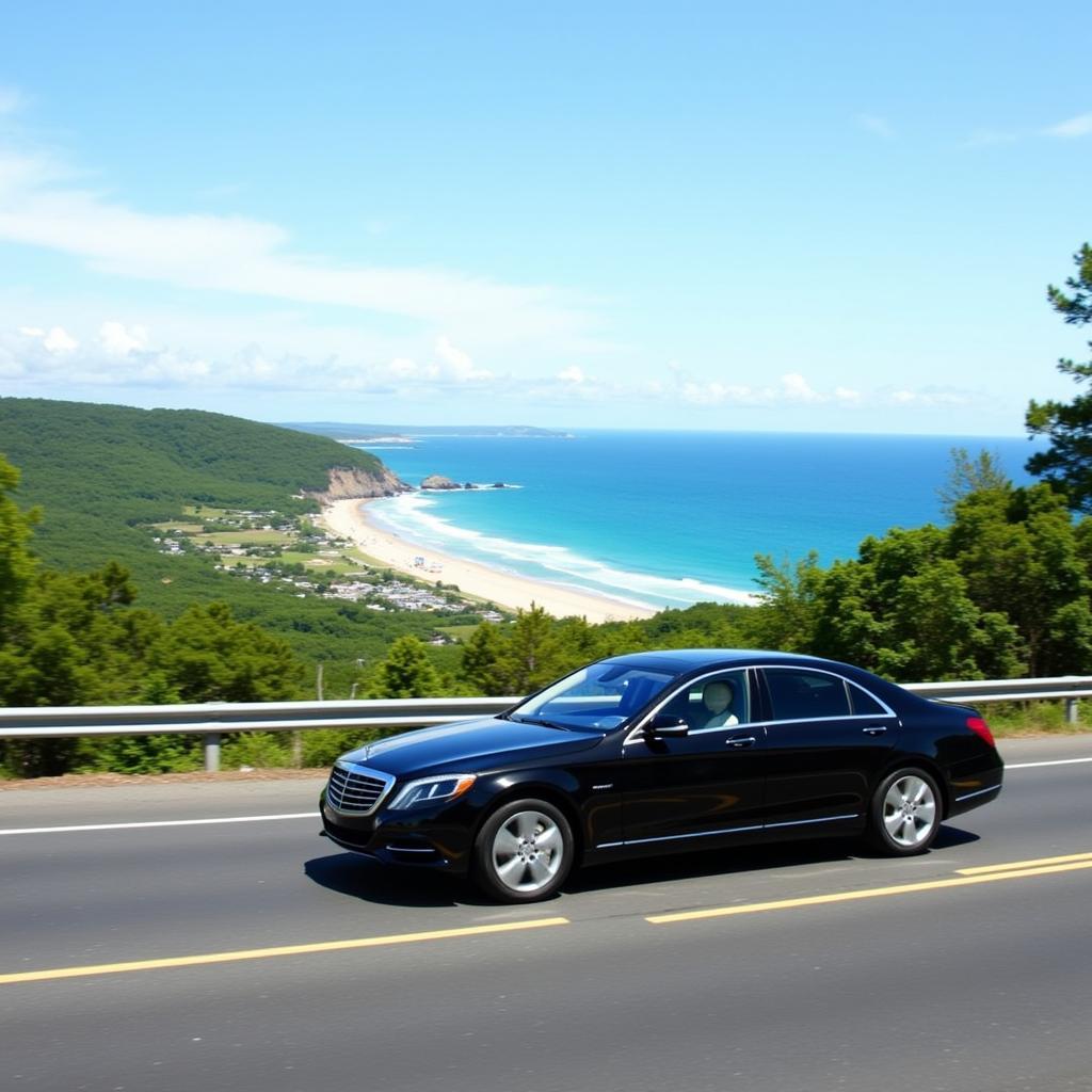 Cape Cod Scenic Route Car Service: A car service travels along a scenic coastal road in Cape Cod, offering stunning views of the ocean and beaches.