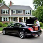 Cape Cod to Logan Airport Car Service: A black car service picks up passengers in front of a Cape Cod style house, with luggage loaded in the trunk, ready for a comfortable ride to Logan Airport.