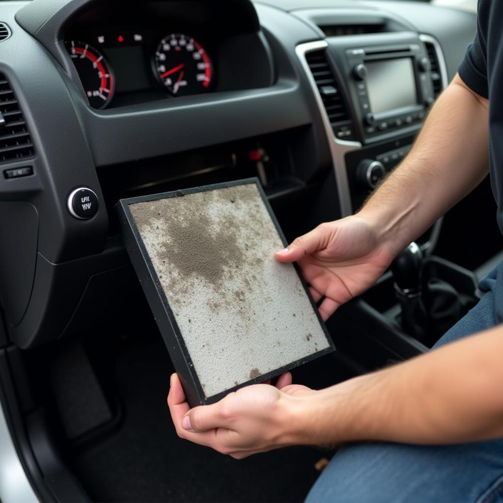 Car AC Maintenance in Newport: Close up of a mechanic replacing a cabin air filter.