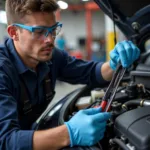 Car AC Repair Technician Working on a Vehicle's Air Conditioning System