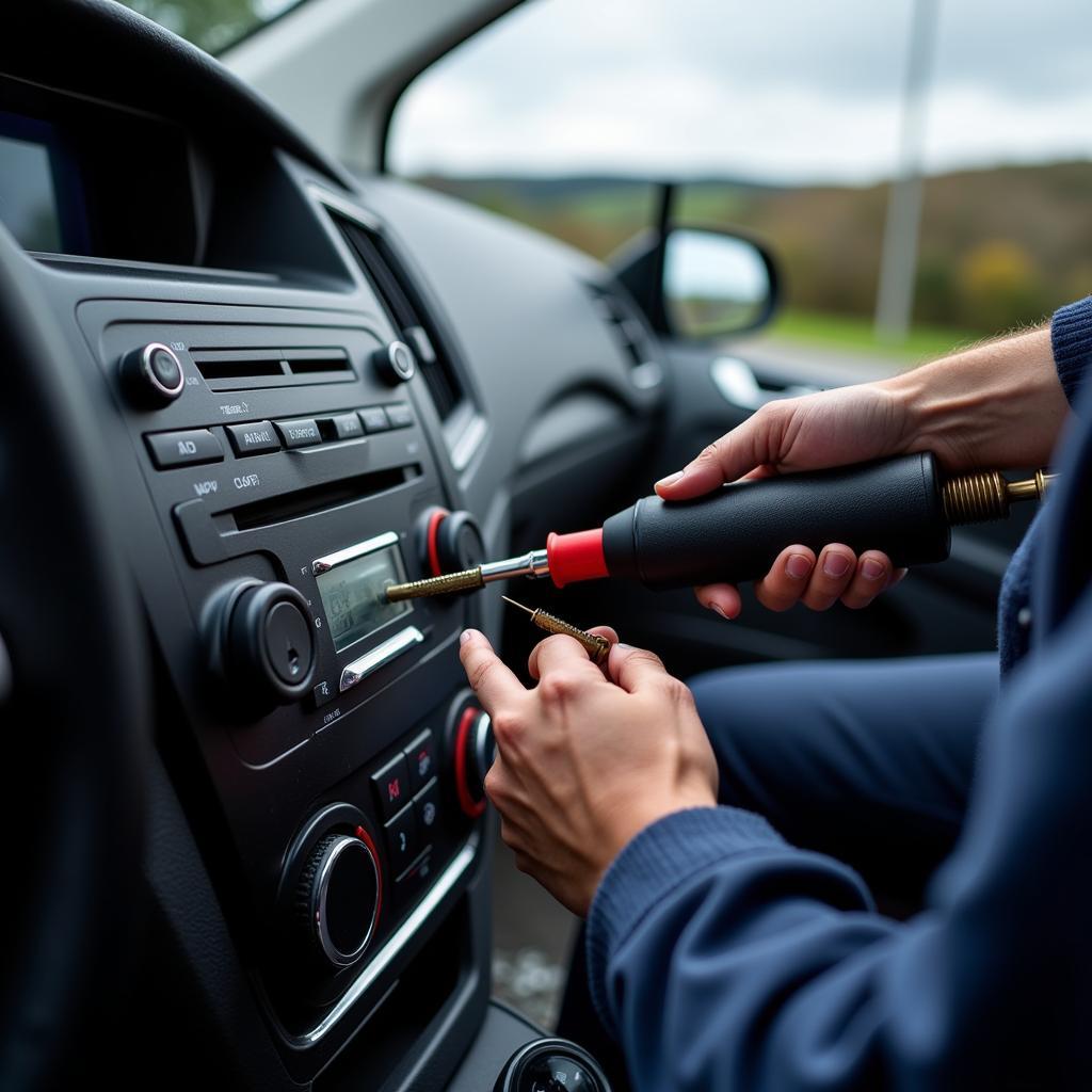 Technician checking refrigerant levels in a car AC system in Fife