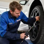 Halfords technician servicing a car's AC system