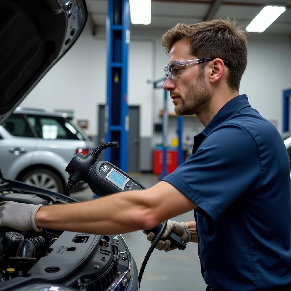 Technician Checking Refrigerant Levels in a Car AC System