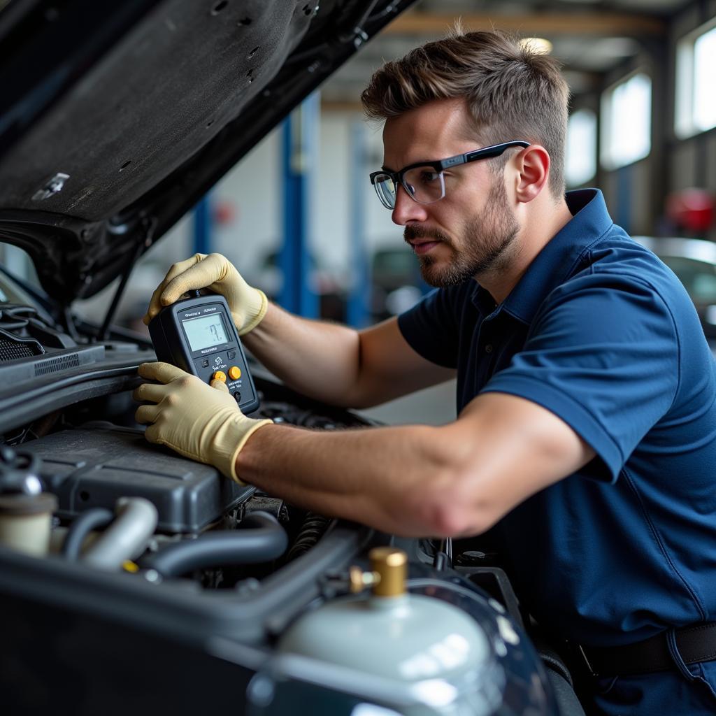 Car AC Service: Technician Checking Refrigerant Levels