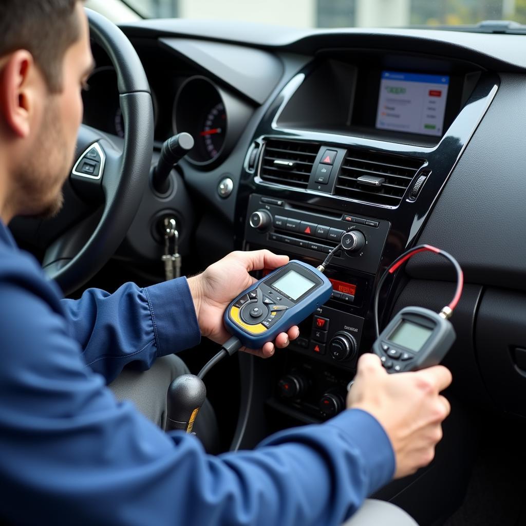 Car AC Service Technician Performing Diagnostics