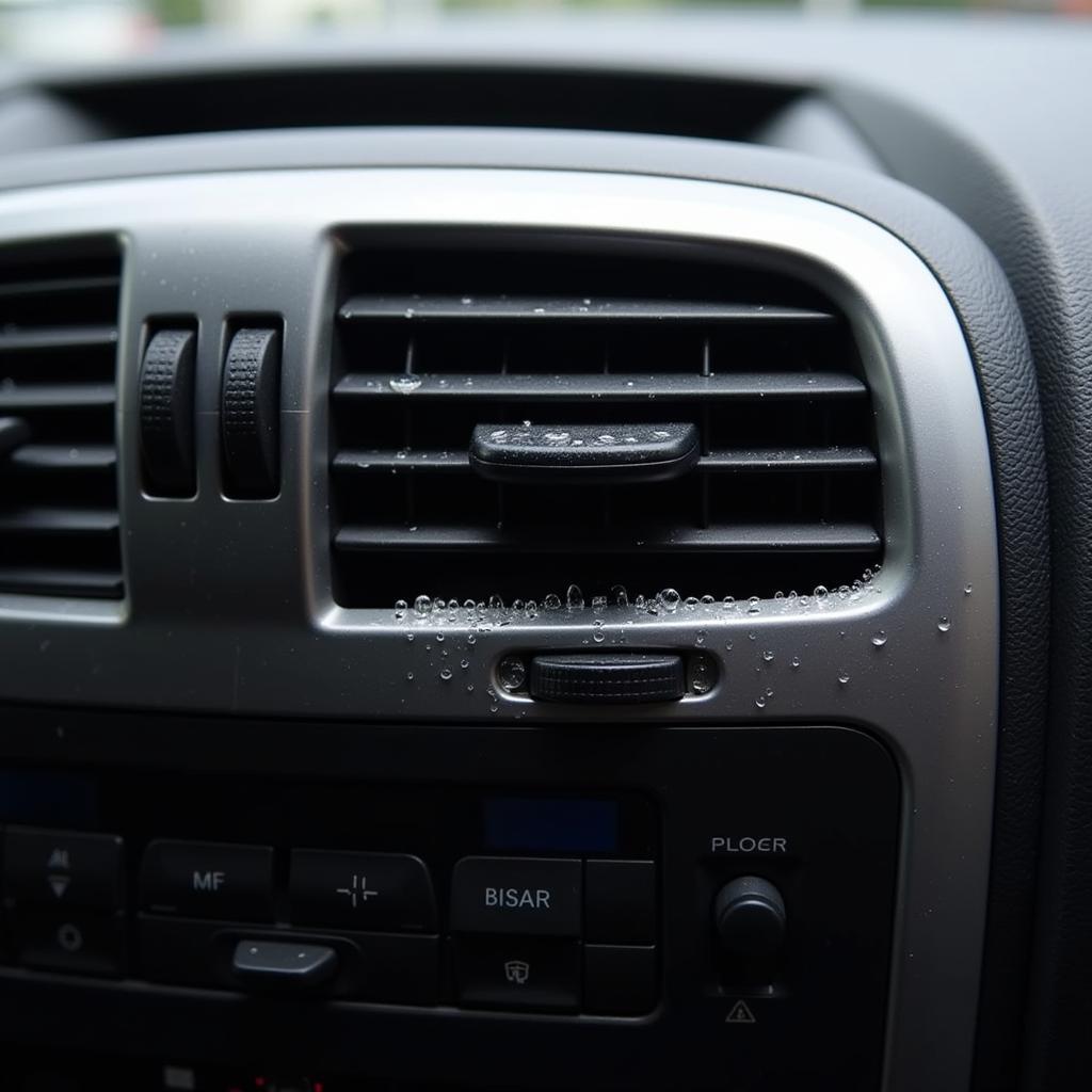 Close-up of a car's AC vent blowing cold air.