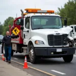 Tow truck assisting a damaged car after an accident.